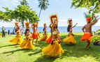 Polynesian women perform traditional dance in Tahiti Papeete, 